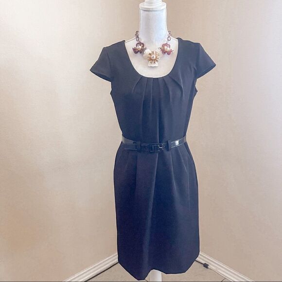 Olivia Matthews Black Cap Sleeve Midi Sheath Dress with Belt SZ 10P EUC - Picture 1 of 13